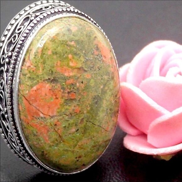 Unakite Sterling Silver Antiques Heart Band Statement Ring - Picture 1 of 4